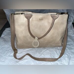 Roots Beige Shoulder Tote with Logo Medallion